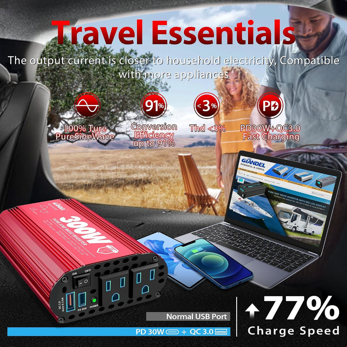 300 Watt Pure Sine Wave Car Power Inverter, PD30W USB-C and QC 3.0 Fast Charger Car Converter Adapter for Smartphones Laptops Tablets Starlink