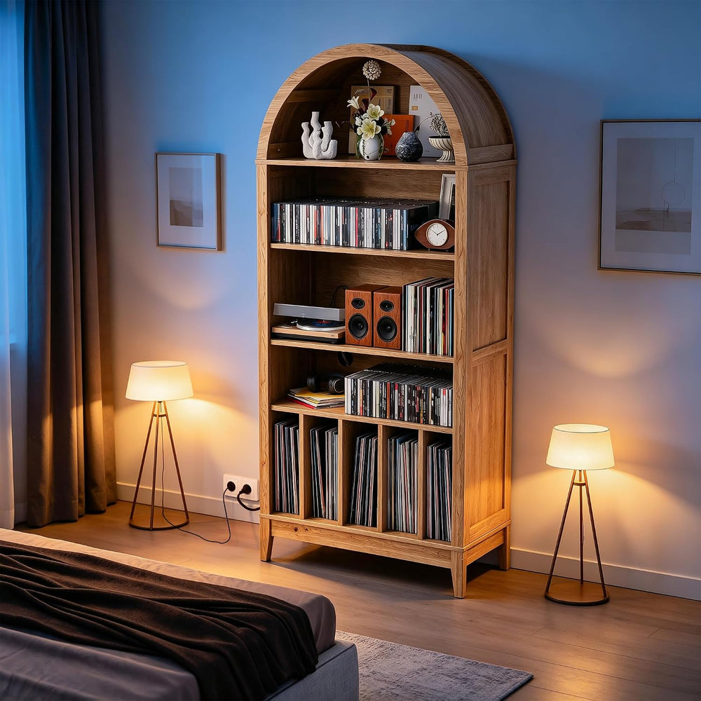 Large Record Player Stand Holds 350+ Albums, 5 Tier Arched Bookshelf Vinyl Re...