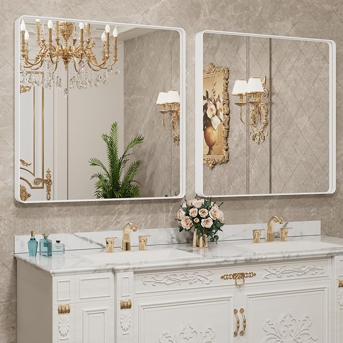 LOAAO 30x30 Inch White Metal Framed Bathroom Mirror