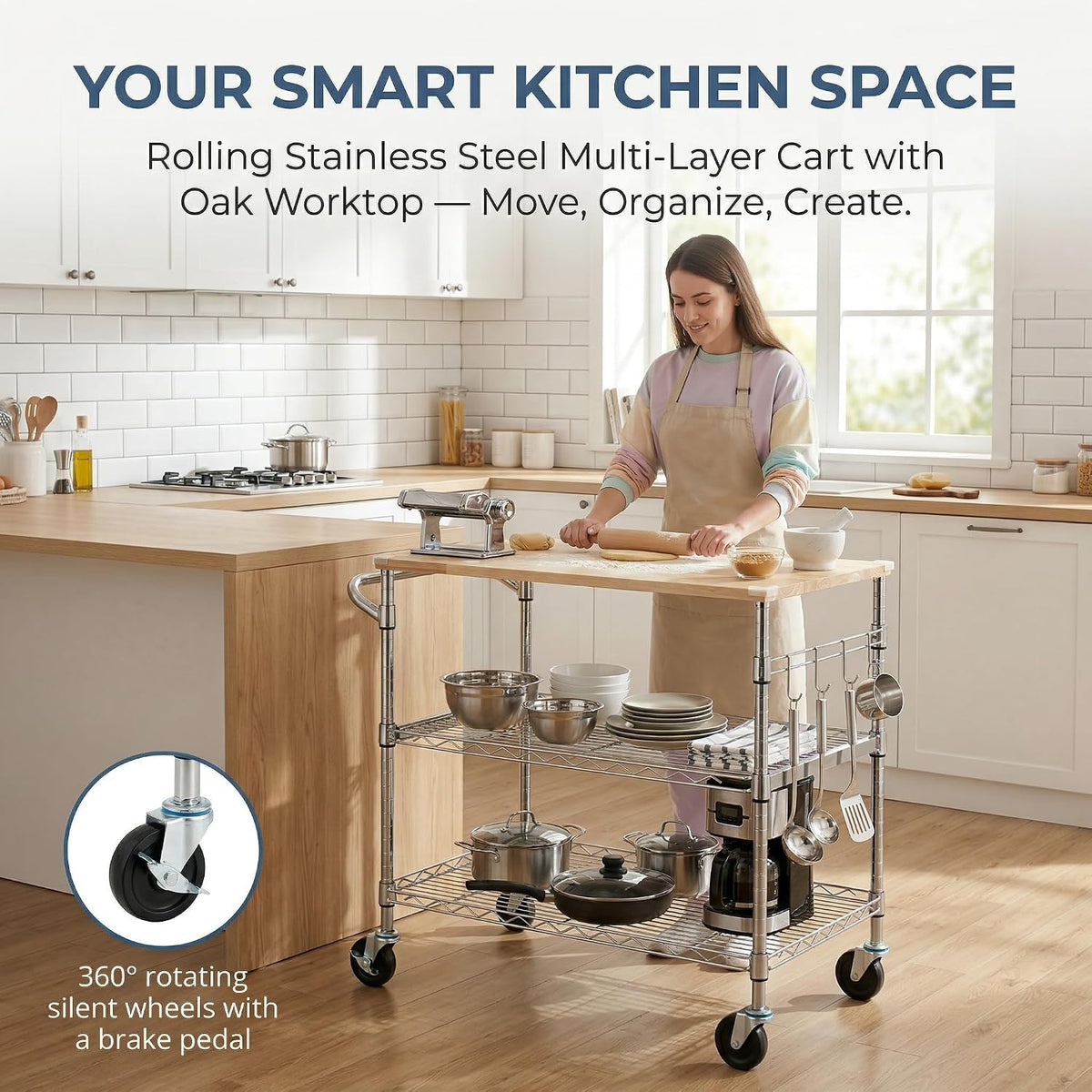 Finnhomy 3-Tier Rolling Kitchen Cart with 18" D x 36" W Oak Wood Tabletop, Kitchen Island Cart with 4" Wheels and Slider Shelf, Microwave Cart & Coffee Cart with Hooks for Dining Room, Chrome