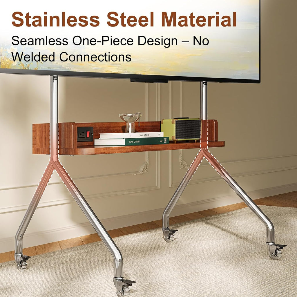 Rolling TV Stand with Power Outlet & Wooden Shelf,Stainless Steel Mobile TV Carts for 32-75 Inch TVs up to 110 lbs,Height Adjustable Portable TV Stand with Wheels for Home Office,Max VESA 600x400mm