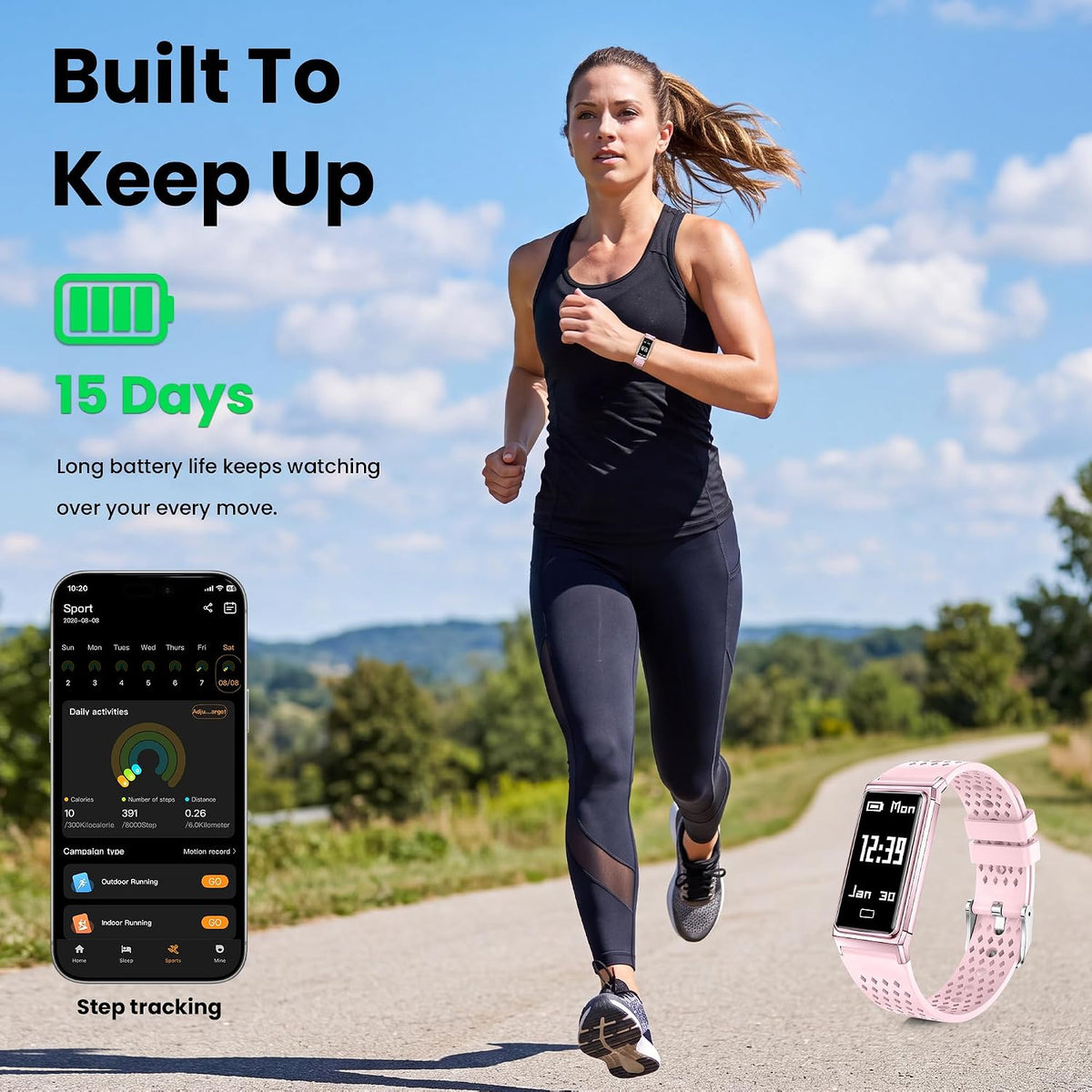 fitness tracker with heart rate & sleep tracking, close-up detail