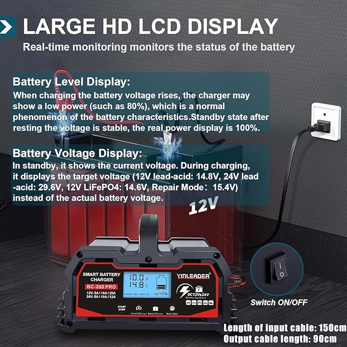 Battery Charger 25A, 12V/24V Lead Acid Smart Battery Charger, 12V LiFePO4 Car