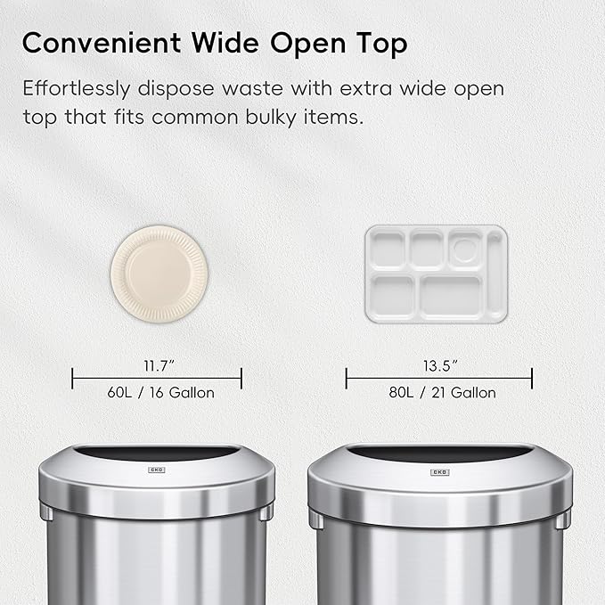 EKO Urban 21 Gallon Semi-Round Open Top Waste Bin, Stainless Steel Half Round