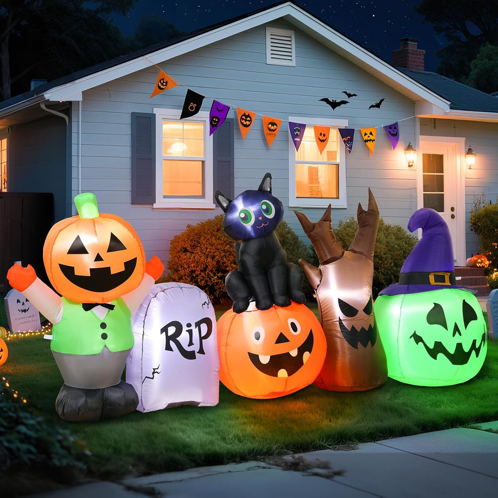 Halloween Inflatables Outdoor Decoration, 8.5ft Pumpkin/Tombstone/Black Cat/Ghost Tree, Cute Blow Up Yard Decor, for Outside Garage Door Graveyard Yard Porch Lawn (8.5ft Pumpkin+Black Cat)