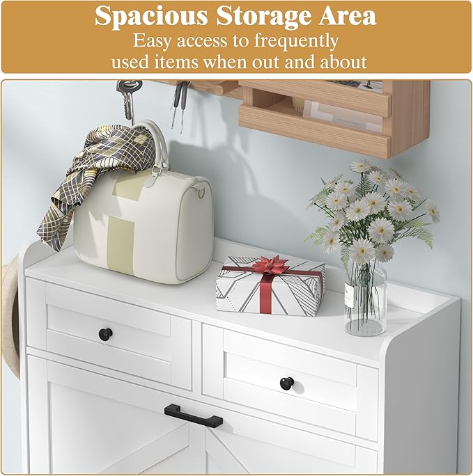 Shoe Cabinet with 2 Flip Drawers & 2 Storage Drawers, Rustic Farmhouse Narrow