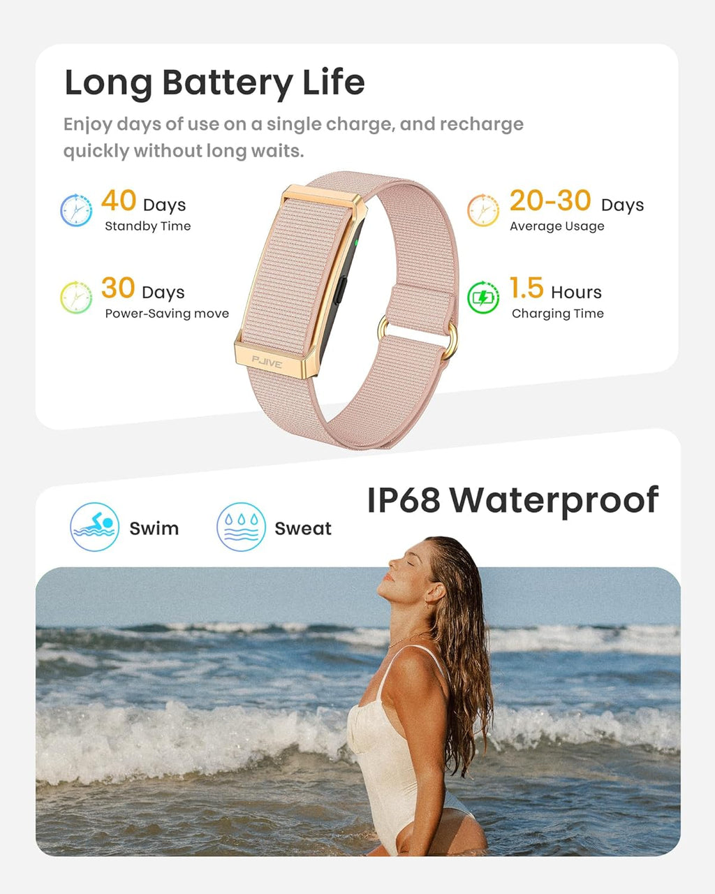 Smart Bracelet, Health Fitness & Activity Tracker with All-Day Continuous Heart Rate/Blood Pressure Monitor, Sleep Tracker, 170+ Sport Modes, 60 Day Battery & Free App, IP68 Smart Band for Android IOS