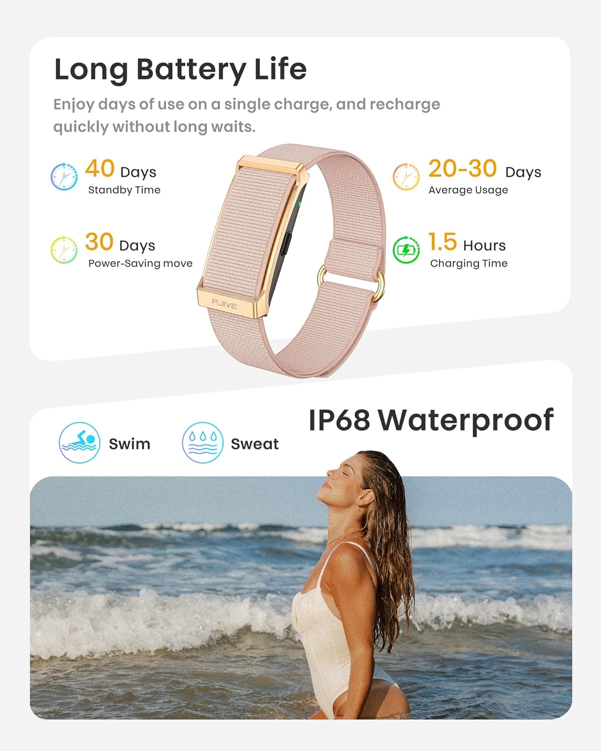 Smart Bracelet, Health Fitness & Activity Tracker with All-Day Continuous Heart Rate/Blood Pressure Monitor, Sleep Tracker, 170+ Sport Modes, 60 Day Battery & Free App, IP68 Smart Band for Android IOS