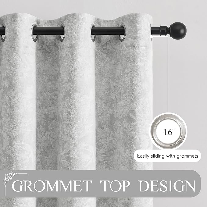 Beauoop Grey Floral Jacquard Blackout Curtains 84 Inches Long 2 Panels