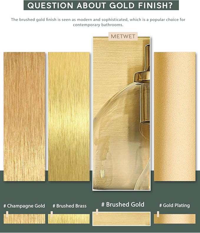METWET Bathroom Light Fixtures, 3-Light Brushed Gold Vanity Light, Modern Wall