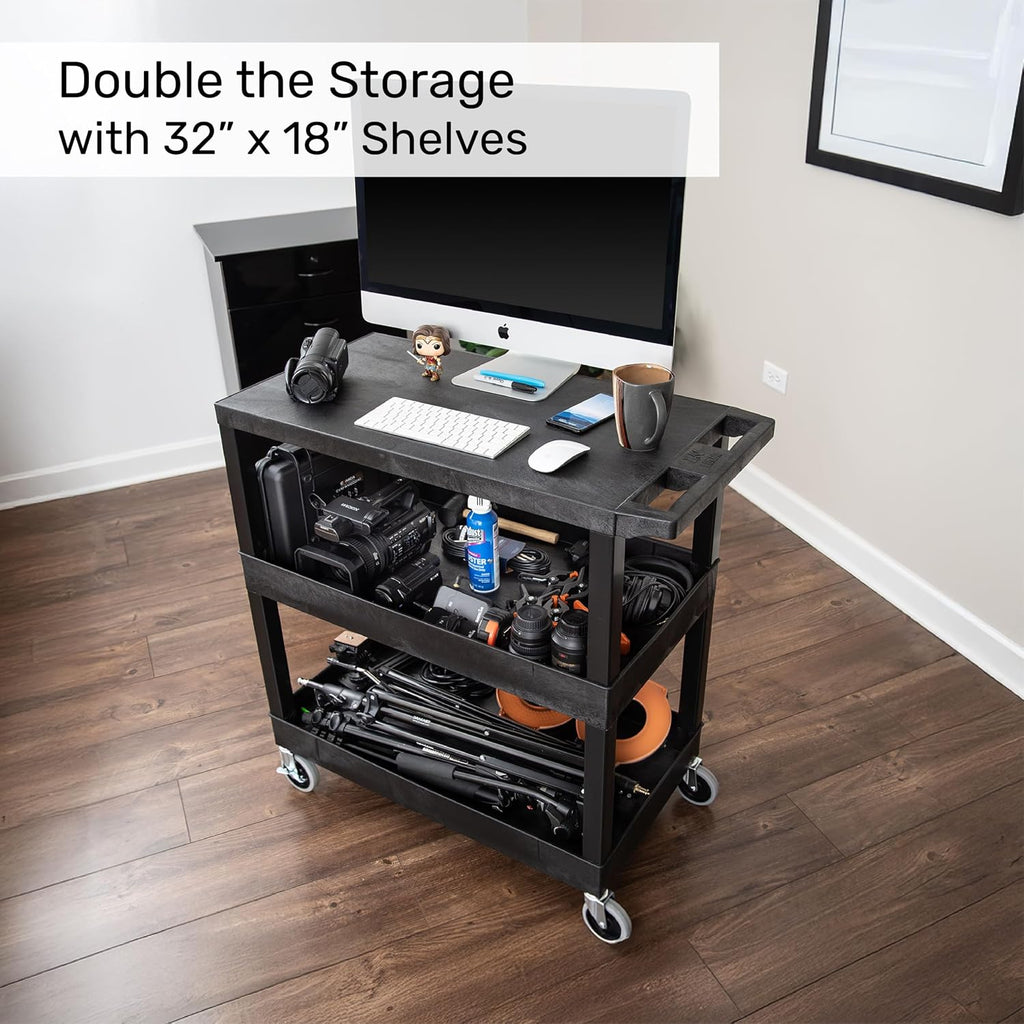 Tubstr 3-Tier Rolling Utility Cart with Wheels | Durable Tool Cart with Locking Wheels (32 x 18) (Black 2-Pack)