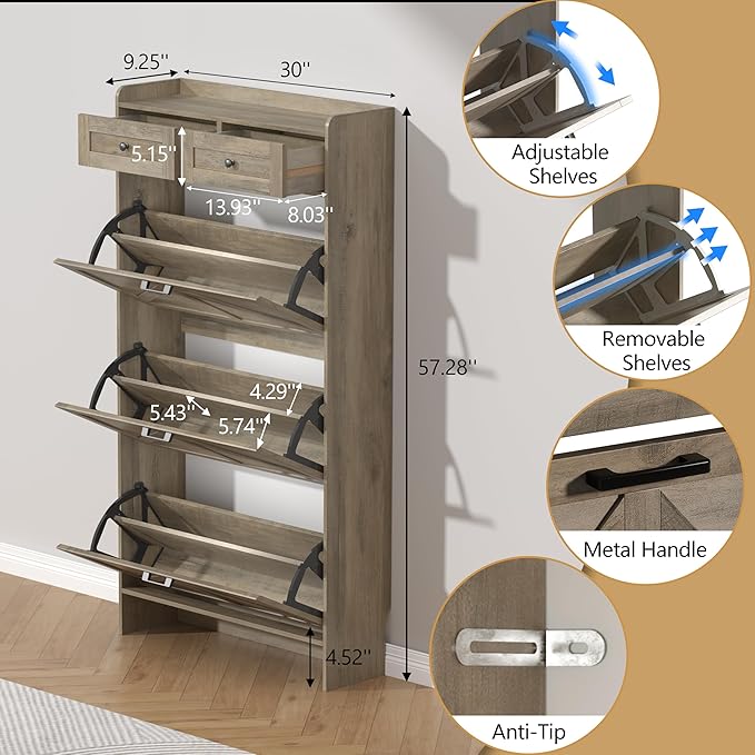 Shoe Cabinet with 3 Flip Drawers & 2 Storage Drawers, Rustic Farmhouse Narrow