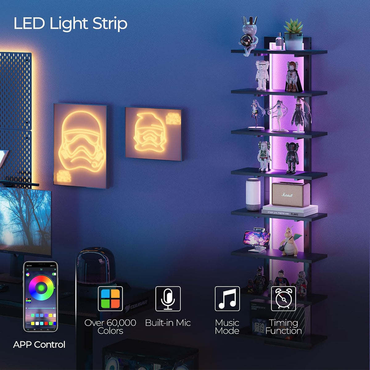 8 Tier Wall Mounted Shelf with RGB Lights, LED Floating Shelf,