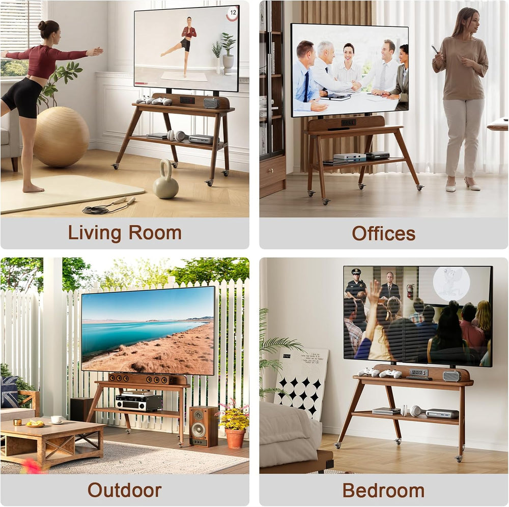 Solid Wood Rolling TV Stand with Power Outlet, Mobile TV Stand