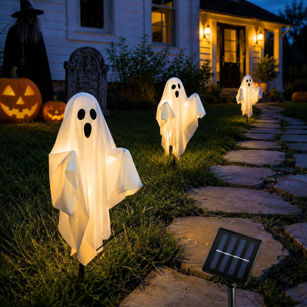 3 Pcs Halloween Ghost Decorations Outdoor Solar Powered Yard Pathway Lights