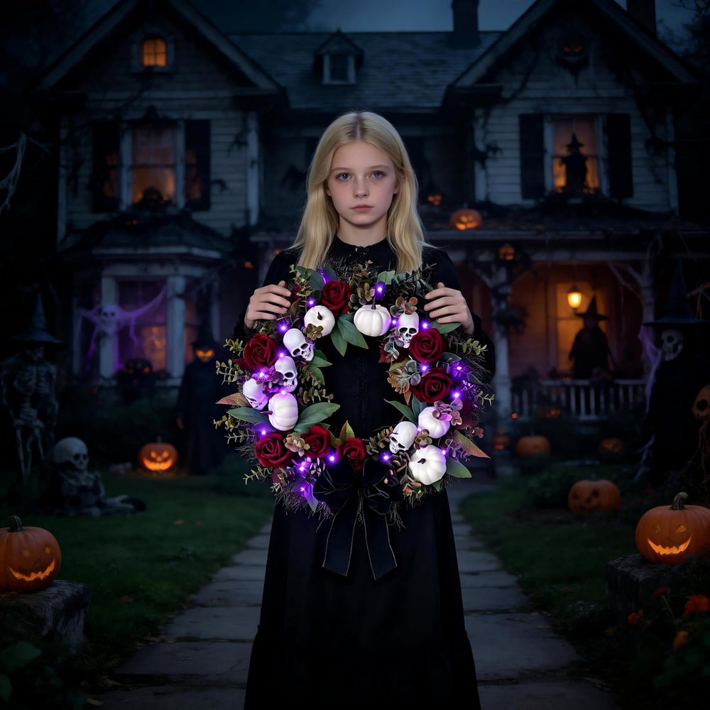 HipTree 20 Inch Gothic Halloween Wreath for Front Door with Purple Lights