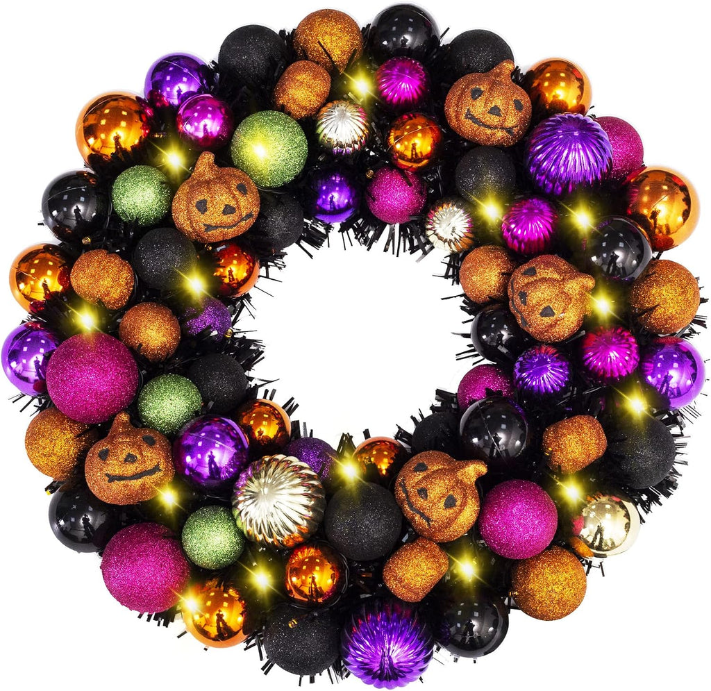 18 Inch Halloween Ball Wreath with Lights and Pumpkin Ornaments