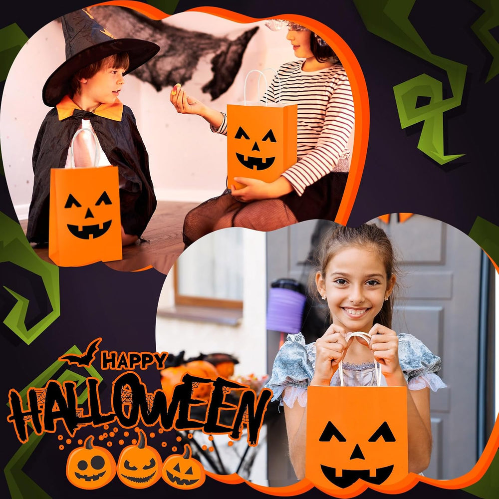 Ctosree 100 Pcs Halloween Pumpkin Gift Bags with Handle, Party Favor Bags