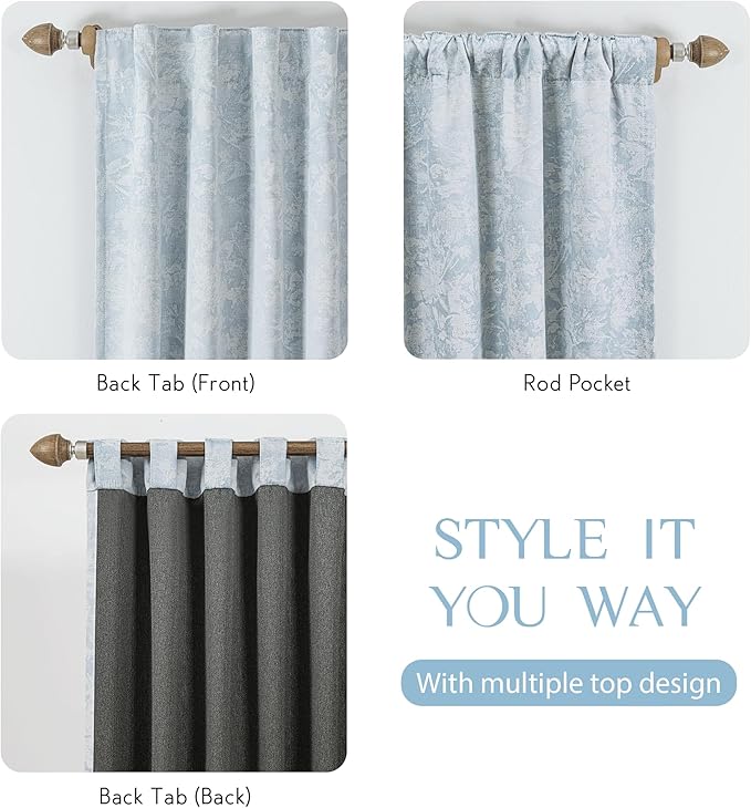 Beauoop Blue Floral Jacquard Blackout Curtains 84 Inches Long 2 Panels