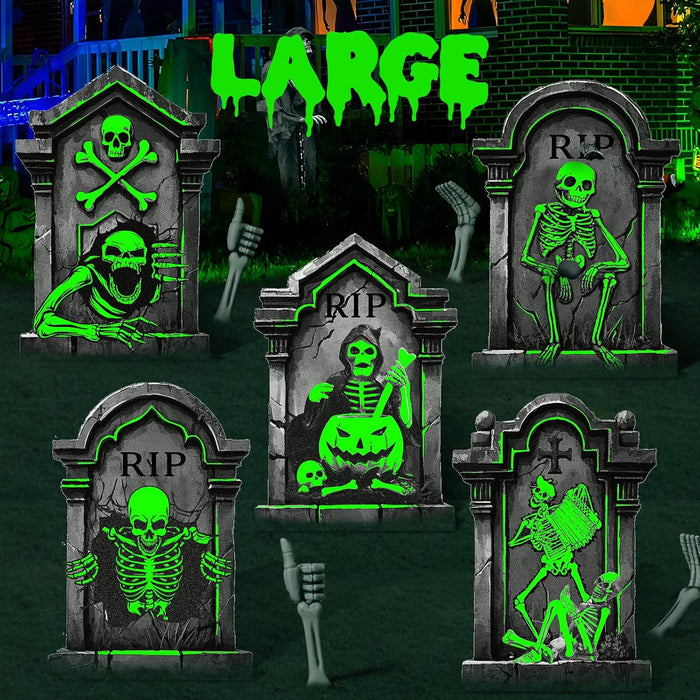 25.2in Halloween Tombstones Outdoor Decor Glow in The Dark - 5PCS Large Tombstones for Graves Halloween Gravestones Decorations Yard Signs