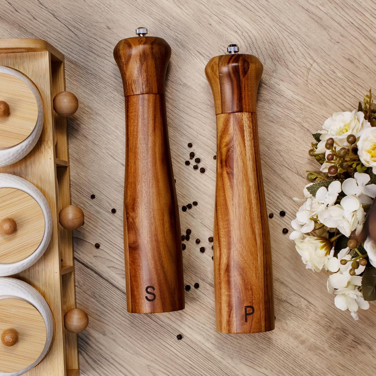 Haomacro 2 Pack 10 Inch Acacia Wooden Salt and Pepper Grinder Set Manual
