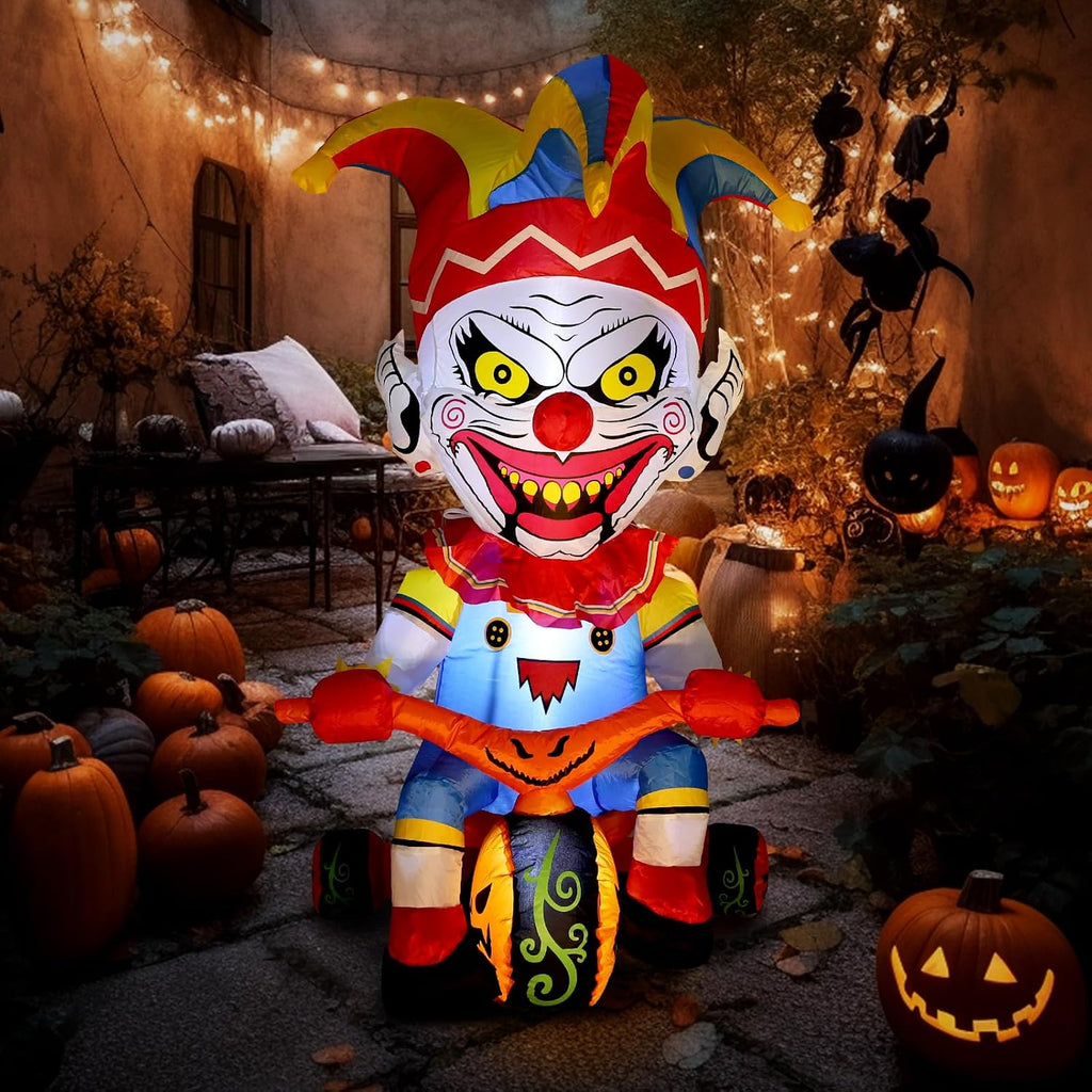 WBHome 5 Ft Halloween Inflatable Outdoor Clown Bicycle Decorations, Day of The Dead Blow Up Yard Decor with Built-in LED Light (Plug in) for Lawn Home Dia de Los Muertos Party Indoor Outdoor