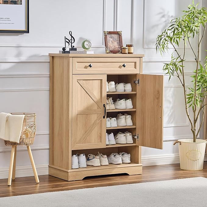 SOOWERY Shoe Cabinet with Drawer, Farmhouse Shoe Storage Cabinet with Doors