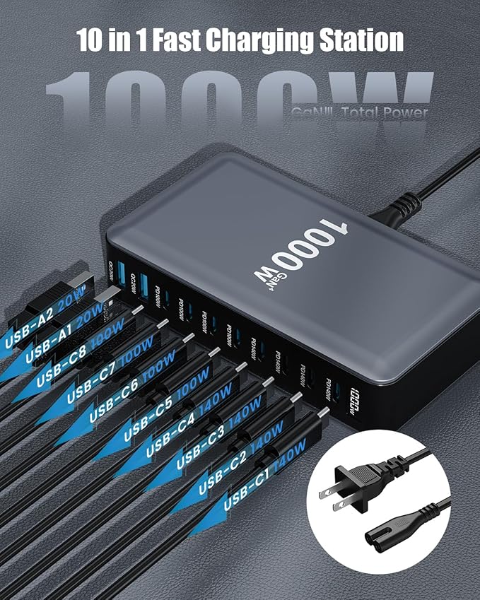 1000W USB C Charger Block, 10-Port USB C Charging Station GaN IV Travel