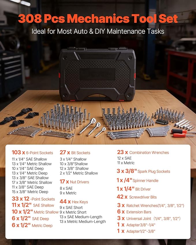 VEVOR Mechanics Tool Set, 308-Piece Mechanic Tool Kit, 1/4 in, 3/8 in, and 1/2