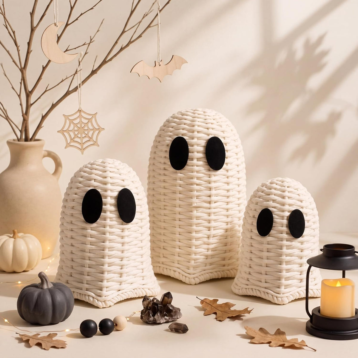 Geelin White 3 Pcs Halloween Rattan Wicker Ghosts Decoration Cute Farmhouse Ghost Figurines for Table Tray Shelf Desk Tiered Tray Centerpieces Indoor Tabletop Halloween Decor
