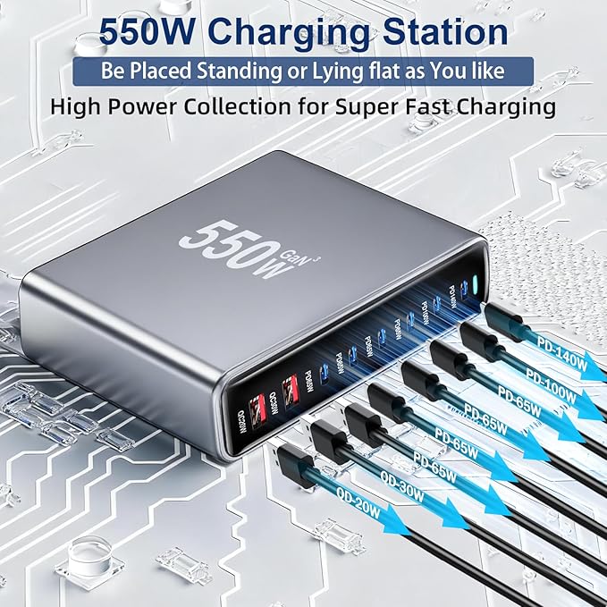 550W USB C Fast Charger Block, PD3.1 140W 8 Port USB Charging Station, GaN Ⅲ