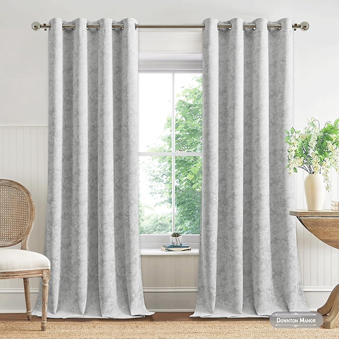 Beauoop Grey Floral Jacquard Blackout Curtains 90 Inches Long 2 Panels
