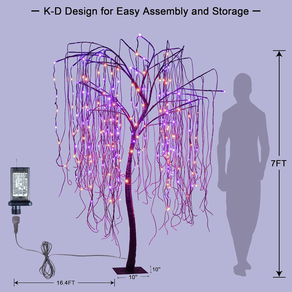 7 FT Halloween Lighted Willow Tree 256 LED Orange and Purple Lights Artificial Weeping Willow Tree with 6 Spiders Outdoor Indoor Decoration Christmas Festival Party Home Decor