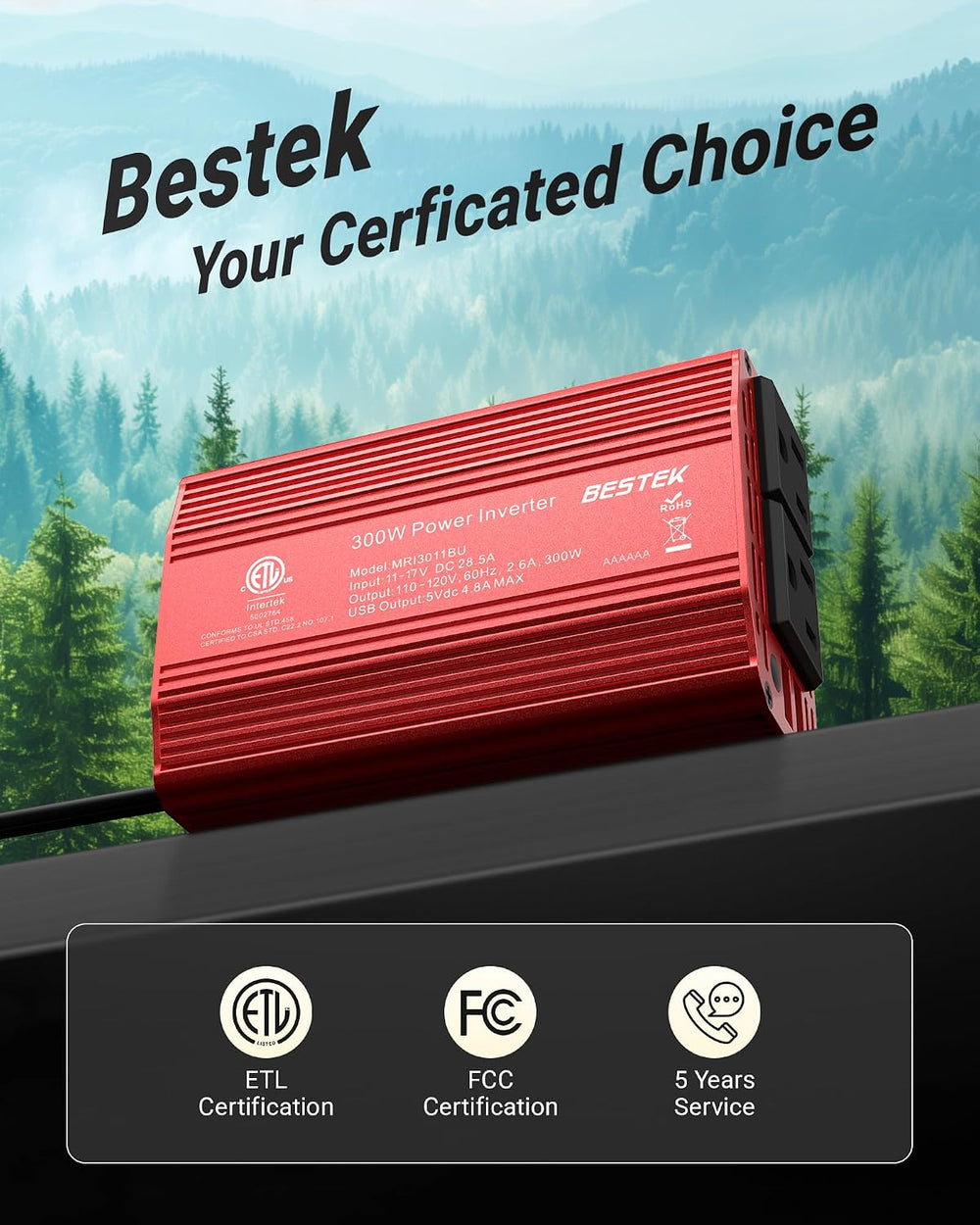 BESTEK Power Inverter DC 12-17V to AC 110V - 300W Car Plug Adapter Outlet
