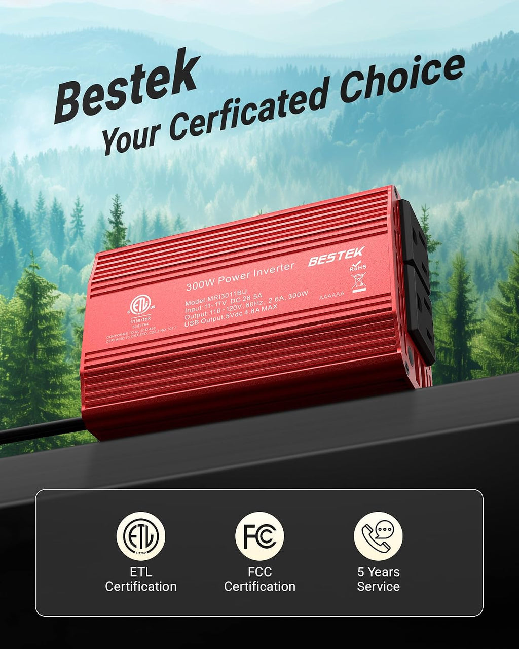 BESTEK Power Inverter DC 12-17V to AC 110V - 300W Car Plug Adapter Outlet