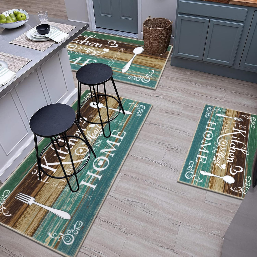 Vaukki Boho Kitchen Rug Sets 3 Piece,Teal Washable Kitchen Mat for Floor