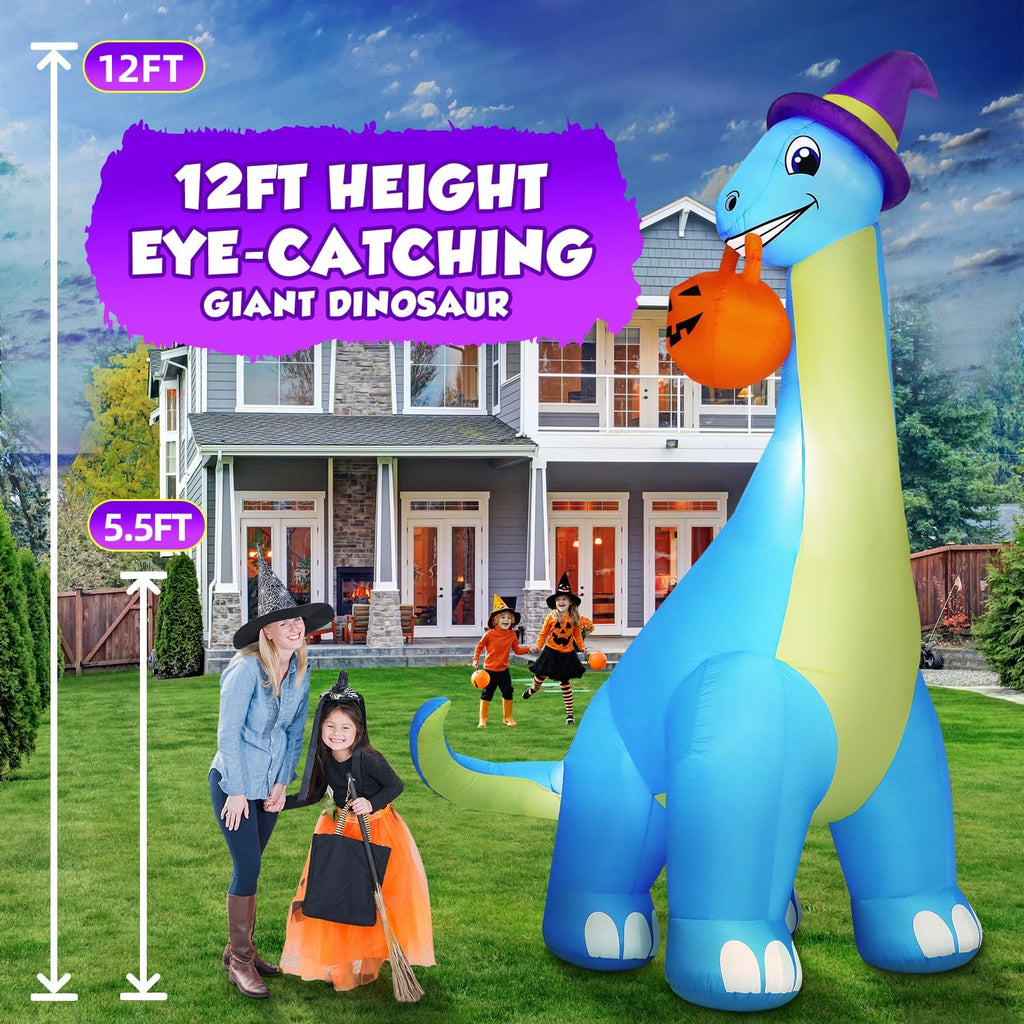 zukakii 13Ft Giant Halloween Inflatable Decorations Dinosaur, Build-in LEDs & Strong Blower Bite Huge Pumpkin with Witch Hat Large Blow Up Halloween Yard Outdoor Indoor Holiday Party