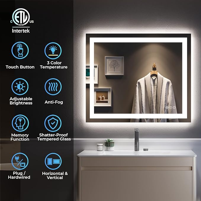YEELAIT 36x30 Inch LED Bathroom Mirror