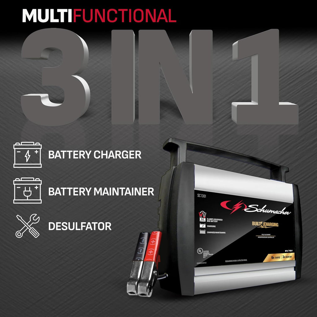 Schumacher Electric Battery Charger and Maintainer, SC1301, 3-in-1, Fully Automatic, 6 Amps, 6 Volt, 12 Volt, for Car, Power Sport, Truck, and Marine Batteries