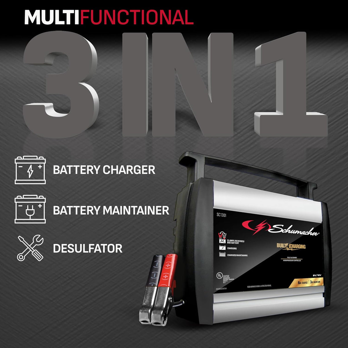 Schumacher Electric Battery Charger and Maintainer, SC1301, 3-in-1, Fully Automatic, 6 Amps, 6 Volt, 12 Volt, for Car, Power Sport, Truck, and Marine Batteries