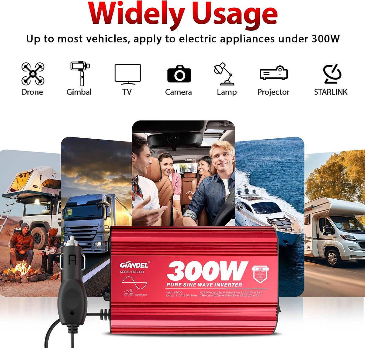 300 Watt Pure Sine Wave Car Power Inverter, PD30W USB-C and QC 3.0 Fast Charger Car Converter Adapter for Smartphones Laptops Tablets Starlink