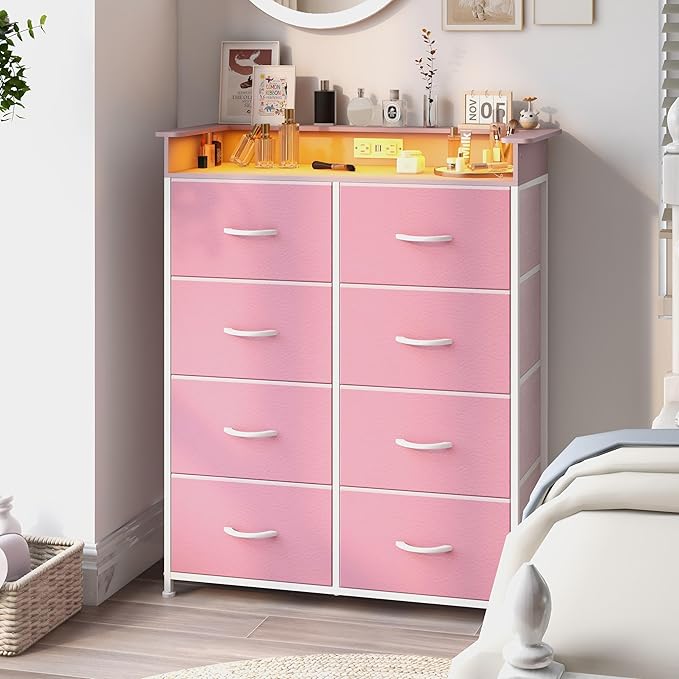 Pink Dresser for Bedroom with Charing Station Dressers with LED Lights Tall