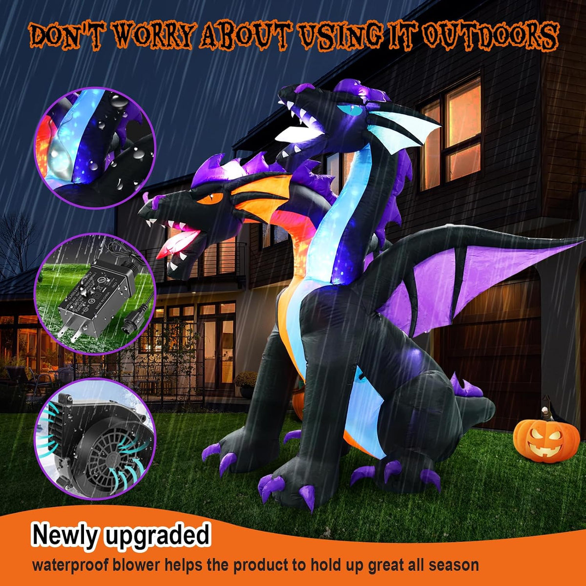 7FT Tall Halloween Inflatables Dragon with 2 Heads, Fire and Ice Blow Up Dragon Inflatables Built-in 2 Rotating Flash Lights and 5 Led Lights for Halloween Inflatable Outdoor Decoration