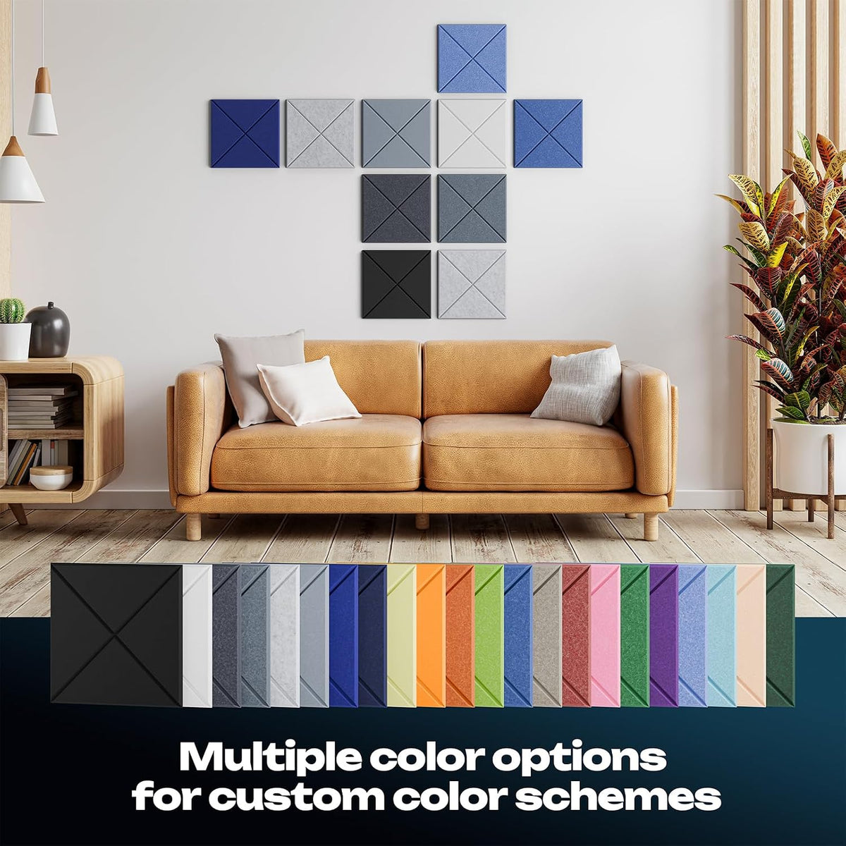 sonicism 12 pack x-lined acoustic panels on a desk or shelf