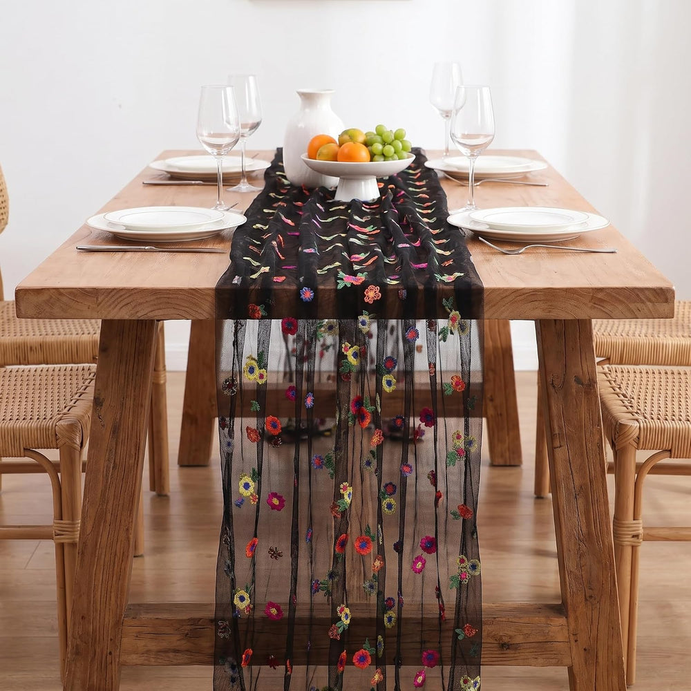 Black Embroidered Floral Daisy Tulle Table Runner Halloween 10FT 6 Pack