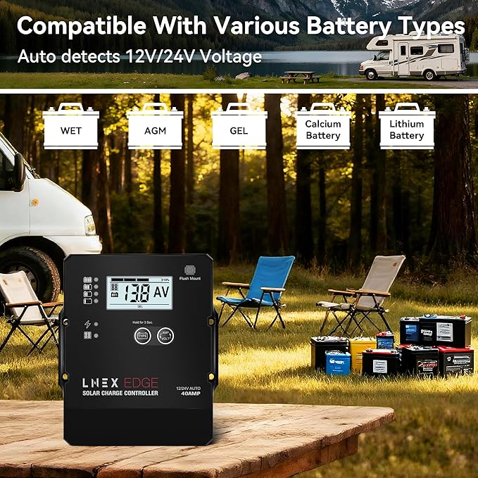 Solar Charge Controller with Flush Mount Design, 6 Stage Charging with LCD