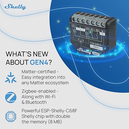 Shelly 2PM Gen4 | Wi-Fi, Zigbee & Matter 2-Channel Smart Relay Switch