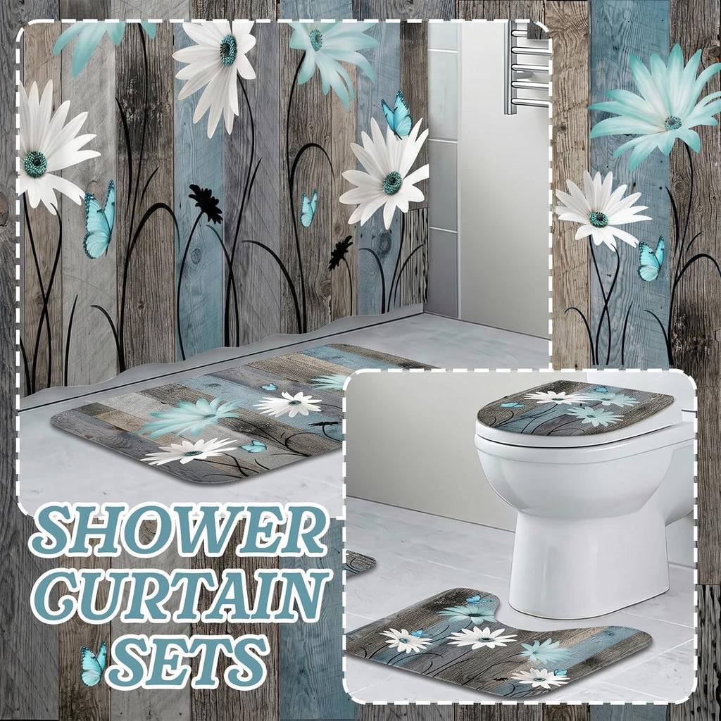 Britimes Bathroom Sets with Shower Curtain and Rugs Set of 10 Teal Wooden