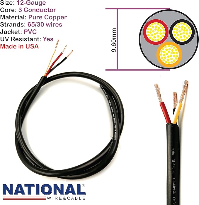 NATIONAL Wire & Cable – 12 AWG 3-Conductor Premium Copper Wire, 50 ft, Stranded