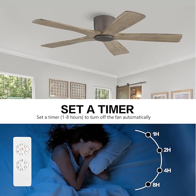 WINGBO 48" Flush Mount DC Ceiling Fans without Lights, 5 Carved Solid Wood